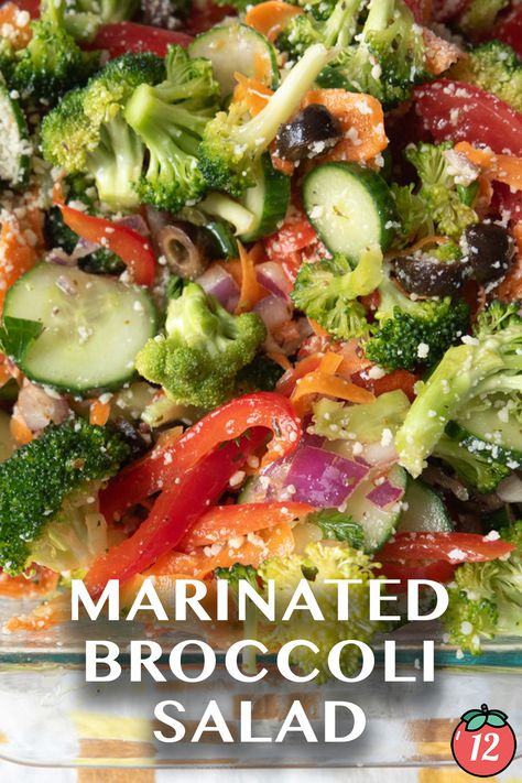 Marinated Broccoli Salad | 12 Tomatoes No Mayo Broccoli Salad Recipe, No Mayo Salads, Chopped Veggie Salad Recipes, Marinated Broccoli Salad, Broccoli Tomato Salad, Italian Broccoli Salad, Marinated Vegetables Raw, Delicious Salads Healthy, Salads Winter