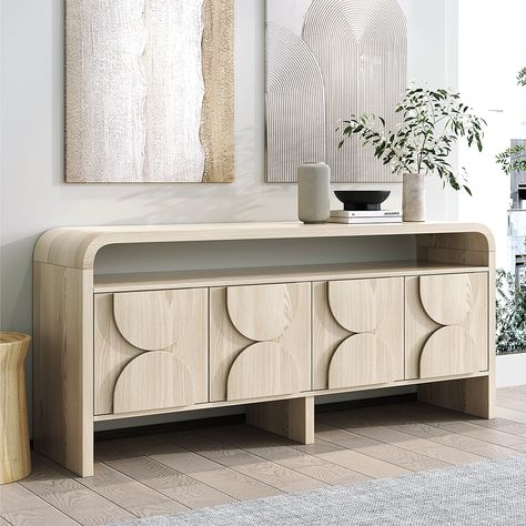 Add a cool, effortless vibe home with this distressed white wood sideboard. A waterfall frame arches just beyond the floating cabinet to create an open shelf for storing small yet necessary items. Four doors open to reveal generous interior storage and two shelves. This credenza is built of fine MDF and high-quality oak veneer and it will give years of service and timeless elegance. Works beautifully in the dining room, bedroom or entry.- Care & Clean: Wipe Clean With Damp Cloth, Wipe Dry Wi Wood Sideboard Buffet, White Sideboard Buffet, White Credenza, Floating Cabinets, Side Board, White Sideboard, Wooden Sideboard, Wood Sideboard, Sideboard Cabinet