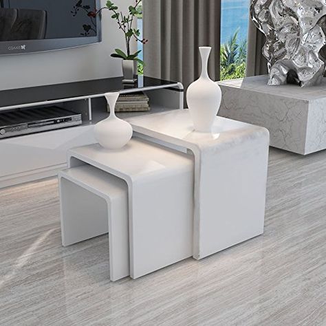 UEnjoy High Gloss Nest of 3 Table White Coffee Table Side Table Living Room SKU: 20100230andlt Modern White Table, White Sofa Table, Side Table Living Room, Bedroom End Tables, 3 Coffee Tables, Black Furniture Living Room, White End Tables, 3 Coffee, Table Decor Living Room