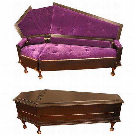 half table/ half couch. Coffin Couch, Gothic Couch, Coffin Bed, Antiquing Furniture Diy, Gothic Stuff, Vampire Masquerade, Creepy Decor, Unique Sofas, Gothic Furniture