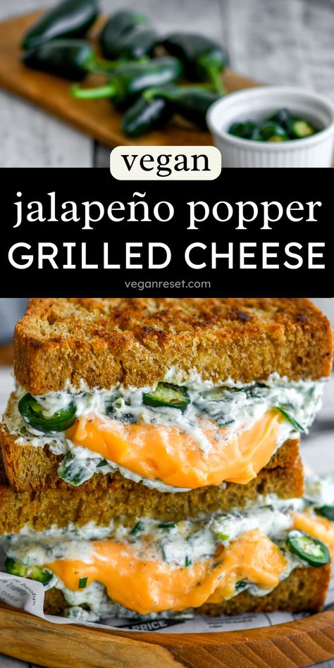 Vegan Jalapeño Popper Grilled Cheese Sandwiches Popper Grilled Cheese, Vegan Jalapeno Poppers, Jalapeno Popper Grilled Cheese, Grilled Cheese Recipe, Jalapeno Recipes, Vegan Wraps, Vegan Grilling, Grilled Cheese Sandwiches, Vegetarian Sandwich