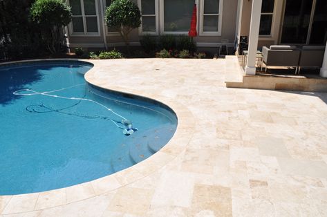 Ivory French Pattern Travertine Pavers and Coping. Pool. Backyard. Hardscapes. Travertine Backyard, Pool Coping Ideas, French Pattern Travertine, Travertine Pool Deck, Travertine Pool Decking, Travertine Patio, Pool Paving, Inground Pool Designs, Travertine Pool Coping