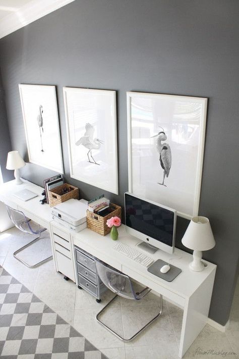 Grey home office workspaces                                                                                                                                                                                 More Shared Home Office Ideas, Shared Home Office, Ikea Home Office, Office For Two, Ikea Office, White Desk, Ikea Home, Small Home Office, Modern Home Office