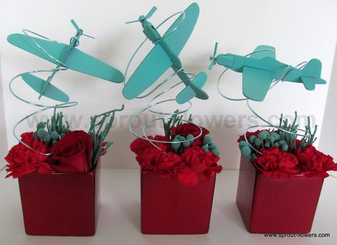 Flight - Airplane centerpiece trio. Airplane Centerpiece Ideas, Around The World Prom Theme, Aviation Wedding Theme, Pilot Party, Airplane Wedding, Aviation Wedding, Travel Party Theme, Airplane Theme, Airplane Birthday Party