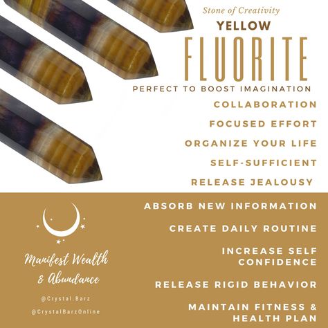 Yellow Fluorite Crystal Meaning, Fluorite Meaning, Fluorite Properties, Spiritual Baddie, Crystal Cards, Healing Rocks, Yellow Crystals, Yellow Fluorite, Fluorite Stone