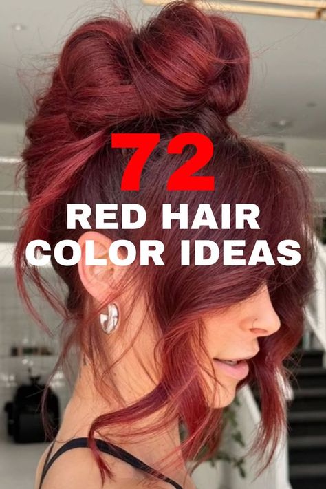 A voluminous textured updo with deep red hair color and loose, face-framing strands for a romantic and bold look. Hair Color Ideas For Red Hair, Red Hair Over 50, Vivid Red Hair Color, How To Get Red Hair, Coral Hair Color, Gorgeous Red Hair, Deep Red Hair Color, Textured Updo, Deep Red Hair