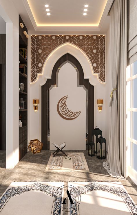 Islamic House Design Interiors, Prayer Room Design Muslim, Islamic Architecture House, Musholla Rumah, Small Meditation Space, Mihrab Masjid, Interior Masjid, Praying Room, Office Backdrop