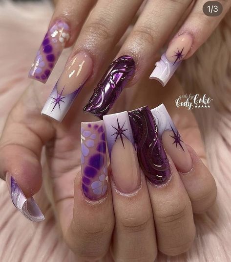 Chaotic Nail Designs, Unique Purple Nails, Amethyst Nails Designs, Purple Xmas Nails, Rare Nail Designs, Blue And Purple Nails Designs, Purple Red Nails, Y2k Nails Design, Pink And Purple Nails Designs