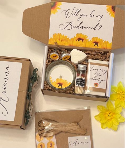 Sunflower Bridesmaid Proposal, Bridesmaid Proposal Fall Theme, Bridesmaids Proposal, Sunflower Theme, Proposal Boxes, Sunflower Themed Wedding, Rosé Theme, Asking Bridesmaids, Bridesmaid Boxes