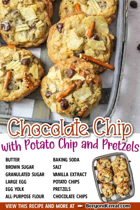 Cookies With Chips And Pretzels, Cookies With Potato Chips In Them, Chocolate Chip Cookies With Potato Chips, Chocolate Chip Potato Chip Cookies, Cookies With Pretzels In Them, Potato Chip Cookies Recipe, Pretzel Cookie Recipes, Chocolate Chip Cookies With Pretzels, Cookies With Potato Chips