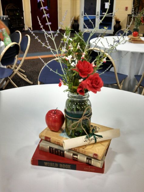 For our son's graduation reception. Graduation Party Centerpiece Ideas, Party Centerpiece Ideas, School Centerpieces, Teacher Graduation Party, Graduation Reception, Teacher Retirement Parties, Class Reunion Decorations, Teacher Party, Reunion Decorations