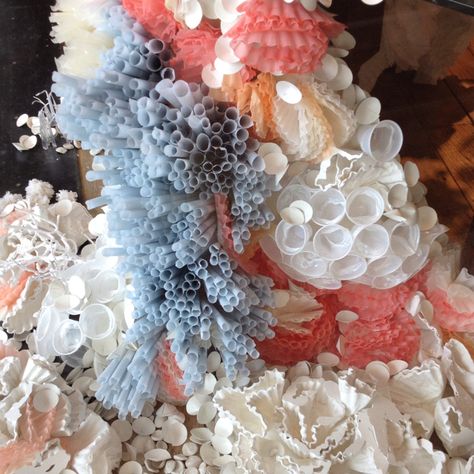 Coffee filters and paper cups transformed to become a coral reef at anthropologie. Anthropologie Display, Under The Sea Party, Sea Theme, Coffee Filters, Recycled Art, Paper Cups, Ocean Themes, Mermaid Party, Coral Reef