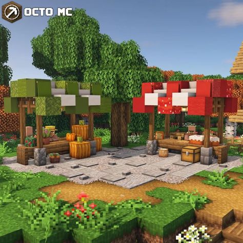 Shop Stand Minecraft, Market Place Minecraft Build, Food Stall Minecraft, Minecraft Outdoor Storage, Minecraft Building Ideas Outdoor, Mushroom Village Minecraft Ideas, Minecraft Flea Market, Minecraft Mini Market, Village Market Minecraft