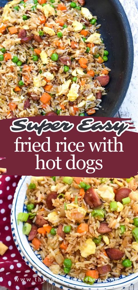 This easy hot dog fried rice is the tastiest way to use up leftover hot dogs. It’s a quick, one pot meal that’s always a hit with the kids, and one even adults enjoy- especially since it’s ready in under 20 minutes! View this easy recipe at quickerkitchen.com Rice And Hot Dogs, Hot Dog And Rice Recipes, Hot Dog Rice, Rice And Hot Dogs Recipe, Easy Dinner Recipes With Hot Dogs, Hot Dog Fried Rice, Leftover Hotdogs, Hot Dogs And Rice, Meals With Hot Dogs