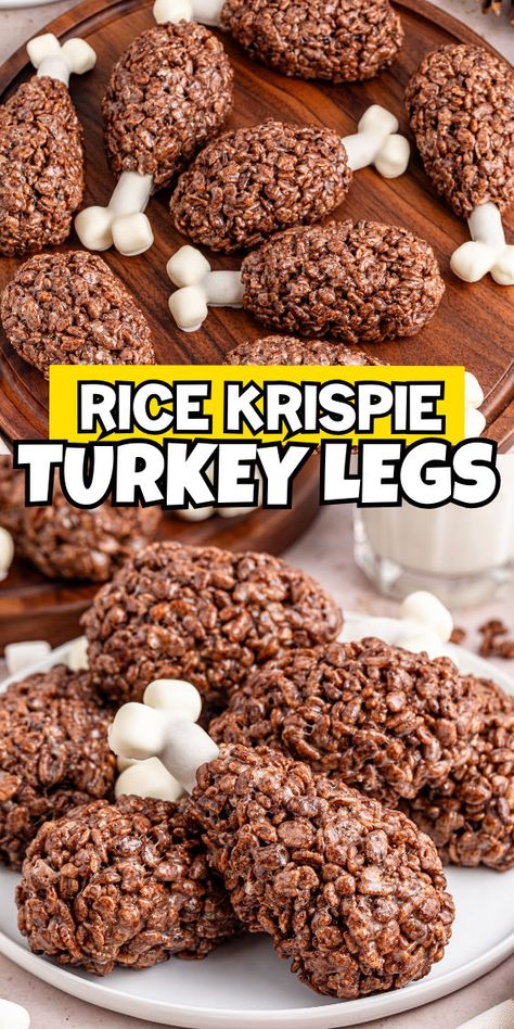 Rice Krispie chocolate turkey legs Rice Krispie Turkey, Cocoa Krispie Treats, Turkey Desserts, Thanksgiving Desserts Kids, Cocoa Krispies, Turkey Treats, Fun Thanksgiving Desserts, Thanksgiving Snacks, Holiday Desserts Table