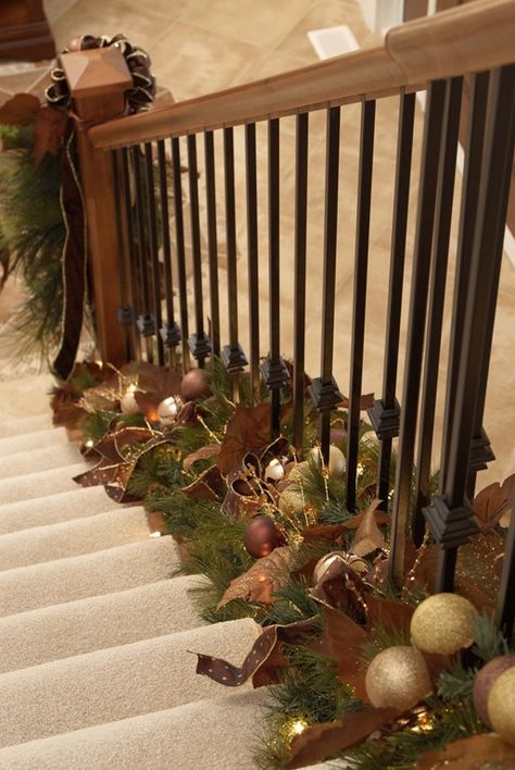 Never thought of decorating the bottom -  I like this because it leaves the handrail open for hands! Love these decorations and the colors too! Christmas Staircase, Stair Railings, Classroom Christmas, Primitive Christmas, Pine Needles, Noel Christmas, Holiday Projects, Christmas Love, Christmas Deco