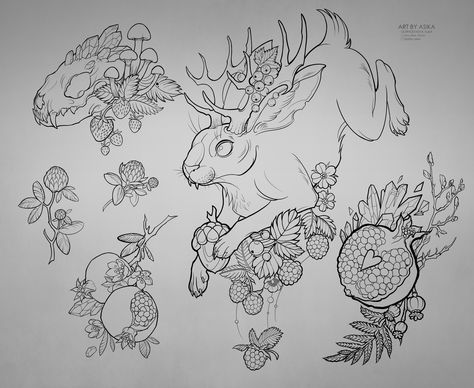 Jackalope Drawing, Autumn Tattoos, Jackalope Tattoo, Rabbit Sketch, Illustrative Tattoos, Animal Line Art, Neo Traditional Art, Autumn Tattoo, Tattoo Apprenticeship