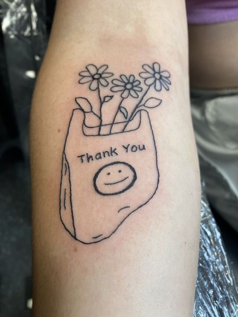 Plastic Bag Tattoo, Flowers In Bag, Walmart Bag, Smiley Tattoo, Smiley Face Tattoo, Bag Tattoo, Tattoo 2023, Cute Tattoo, Bouquet Tattoo