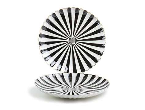 PRICES MAY VARY. Each 1 set includes - two 12.5" charger plates Material: Porcelain Dishwasher Safe Hand wash recommended Not microwave safe due to gold trim The Grace Teaware Black and White Scallop Fine Porcelain 12.5” Charger Plate features an elegant and modern design, characterized by alternating black and white radial stripes that create a striking visual pattern. The plate’s scalloped edge adds a touch of sophistication, further enhanced by a delicate gold trim around the rim. This charge Black And White Tablescapes, Black And White Dining Room, White Charger, China Shop, White Dining Room, Charger Plate, Black Plates, Charger Plates, Fine Porcelain