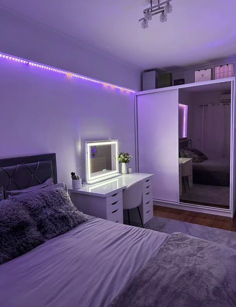 Cute Mirror Ideas For Bedroom, Cute Bedroom Ideas Led Lights, Bedroom Ideas Small Room Cozy, Bedroom Ideas For Loft Rooms, Vanity With Led Lights, Room Ideas For Small Rooms Purple, Room Inspo Light Purple Walls, Purple Rooms Ideas, Purple Bed Frame Room Ideas