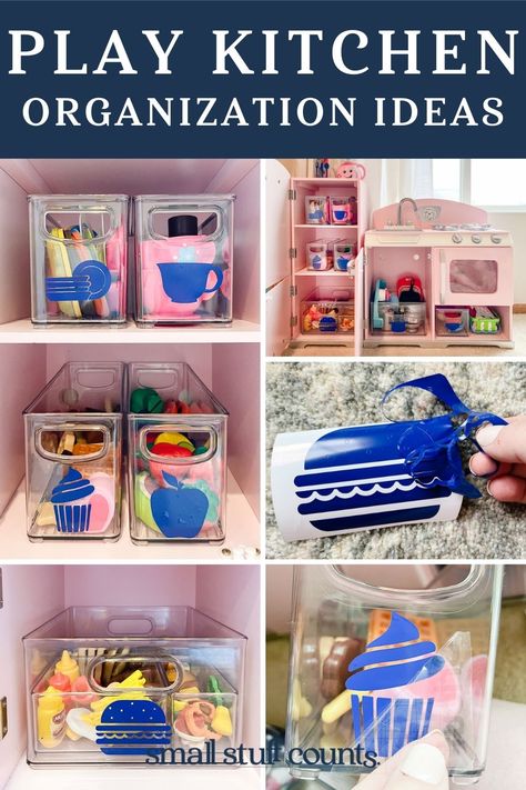 Kids Play Kitchen Storage, Kitchen Toys Organization, How To Organize Play Kitchen Food, Play Kitchen Organization Toy Storage, Diy Kids Kitchen Accessories, Toy Food Storage Ideas, Kids Play Kitchen Organization, Toy Kitchen Organization, Play Kitchen Food Storage