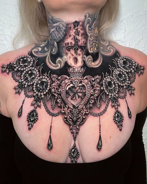 Ryan Ashley Tattoo, Jewelry Tattoo Designs, Full Neck Tattoos, Ryan Ashley, Jewelry Tattoos, Backpiece Tattoo, Create A Tattoo, Jewel Tattoo, Throat Tattoo