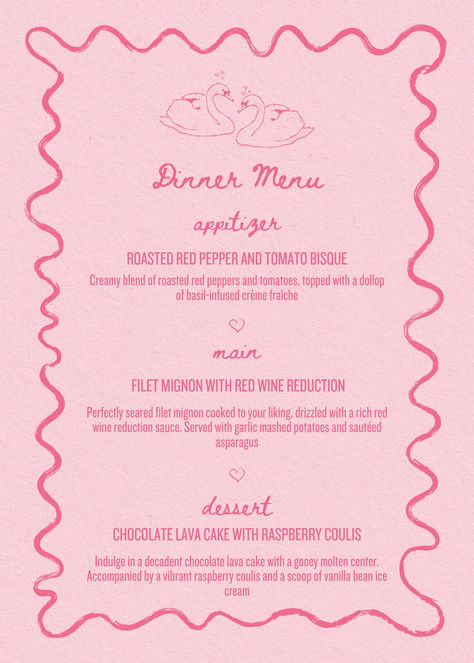 Galentine's Day Menu Template to make your perfect valentines day tablescape that much cuter. Using this Canva template makes it easy! galentines party decor, galentines party ideas girls night, galentines party aesthetic, galentines brunch, galentines invitation, valentines day, galentines day, galentines menu, valentines day menu, galentines brunch menu, dinner party menu, canva menu template, pink menu, girly dinner party menu, wavy border menu, squiggly line border menu Galentines Party Menu Ideas, Galentines Dinner Menu Ideas, Galentines Invites, Aesthetic Menu Template, Galentines Party Invitation, Galentines Tablescape, Girly Dinner Party, Brunch Galentines, Menu Dinner Party