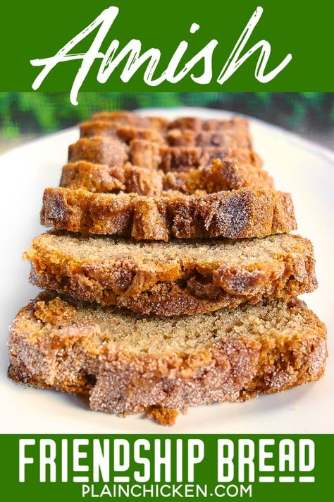 Amish Friendship Bread – AMAZING bread!!! It starts with a starter. You can get 10 loaves with one batch! Great for gift giving!!!! The starter freezes well. Yeast, water, flour sugar, milk, eggs, oil, cinnamon, vanilla, vanilla pudding, baking powder and baking soda. We LOVE this bread! #bread #dessert #amishfriendshipbread #breadstarter #yeast Amish Friendship Bread Starter Recipes, Friendship Bread Recipe, Friendship Bread Starter, Amish Bread, Amish Friendship Bread, Friendship Bread, Bread Starter, Plain Chicken, Amish Recipes