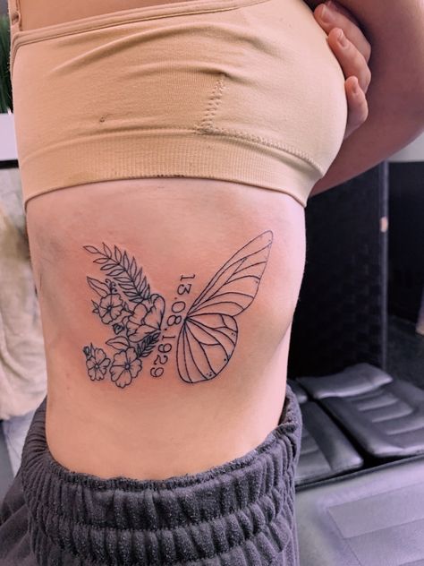 Half Butterfly Half Flower Tattoo With Date, Butterfly Tattoo With Date In Middle, Angel Wings Flowers Tattoo, Butterfly Half Flowers, Butterfly Tattoo With Name In The Middle, Memorial Butterfly Tattoo, Half Flower Half Butterfly Tattoo, Butterfly Half Angel Wing Tattoo, Half Flower Half Butterfly