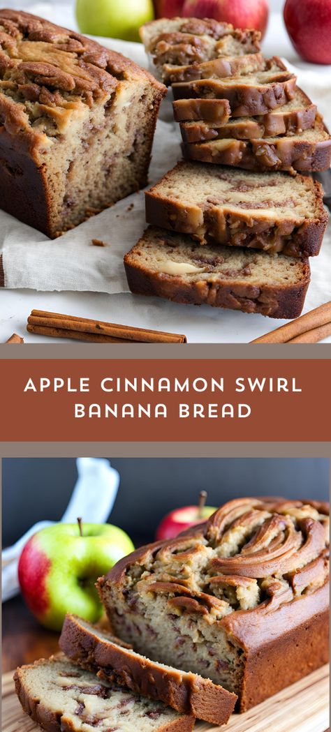 Ripe Banana Bread Recipes, Banana Apple Dessert, Autumn Banana Bread, Cinnamon Apple Banana Bread, Banana Apple Bread Recipe Easy, Banana And Apple Bread, Cinnamon Banana Bread Muffins, Apple Cider Banana Bread, Banana Desserts With Ripe Bananas