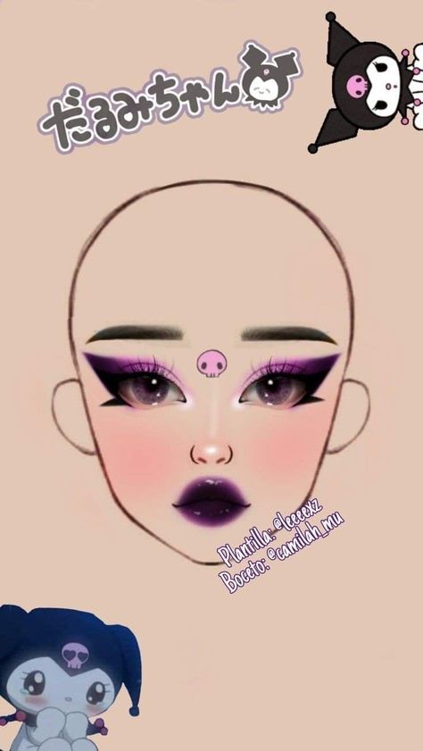 Makeup Face Charts Creative, Kuromi Inspired Makeup, Makeup Looks Drawing, Makeup Ideas Drawing, Anime Make-up, Kuromi Makeup, Face Chart Makeup, Maquillaje Aesthetic, Makeup Anime