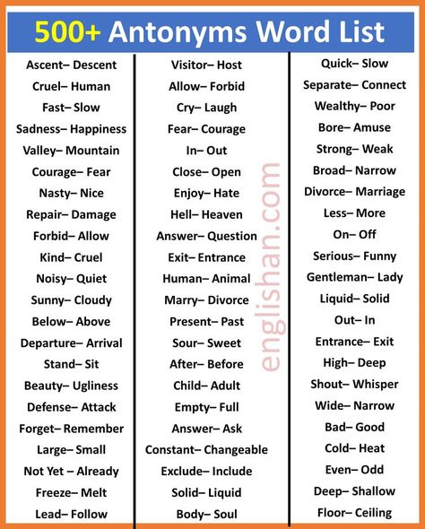 Antonyms Words List, Opposite Words List, Words List, Opposite Words, English Test, English Activities, English Sentences, Even And Odd, Crafts Jewelry