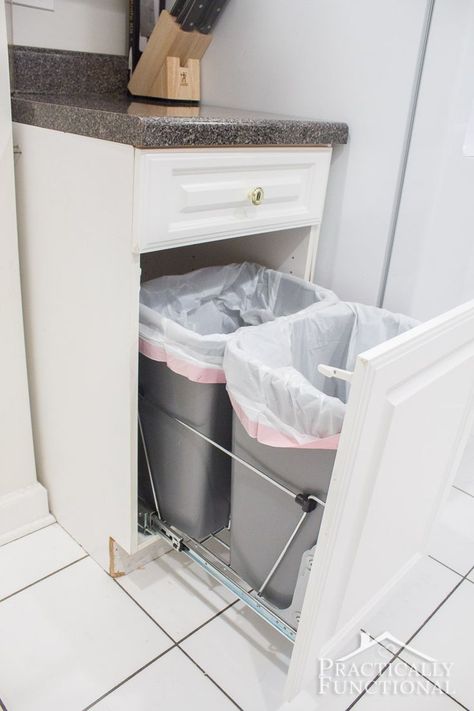 Turn an empty cabinet into DIY pull out trash cans in under an hour; so easy to do! Pull Out Trash Cans, Organiser Cucina, Trash Can Cabinet, Small Kitchen Storage, New Kitchen Cabinets, Kitchen Decorating, Kitchen Redo, Kitchen Remodeling, Kitchen Projects