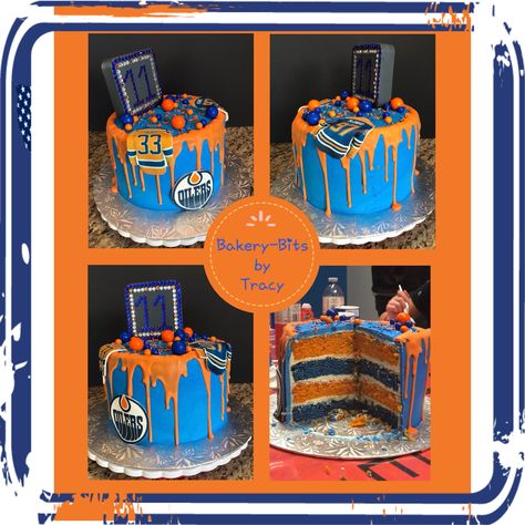 Edmonton Oilers Cake, Oilers Cake Birthdays, Oilers Cupcakes, Oilers Birthday Party, Oilers Cake, Hockey Party Decorations, Hockey Birthday Cake, Hockey Cake, Hockey Cakes