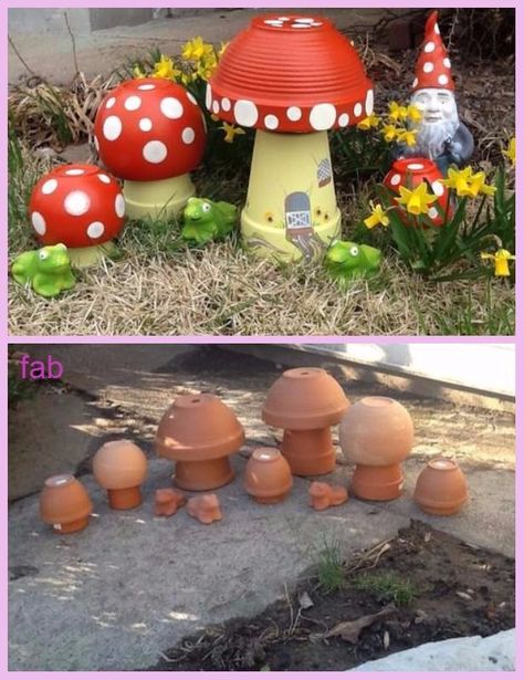 DIY Clay Pot Mushroom Toadstool Tutorials Clay Pot Projects, Terra Cotta Pot Crafts, Flower Pot Crafts, Garden Gnomes, Outdoor Crafts, Clay Pot Crafts, Trendy Tree, Fairy Garden Diy, Garden Art Sculptures