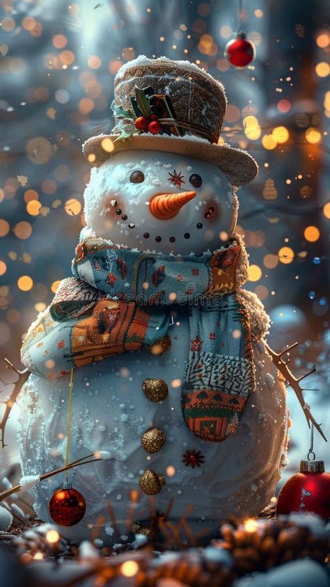 Celebrate the season with a snowy Christmas night scene where a snowman, decorated with bright lights, stands in a stock images Christmas Scenery Pictures Holidays, Christmas Wallpaper Snowman, Snowman Aesthetic, Real Snowman, Snowman Real, Snowmen Pictures, Forest Sunset, Snowy Christmas, Christmas Scenery