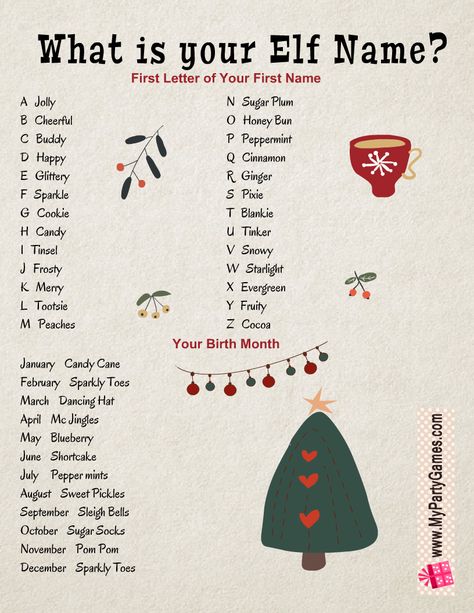 Free Printable What is Your Elf Name? Christmas Game Whats Your Christmas Name, Whats Your Elf Name Free Printable, What Is Your Elf Name Free Printable, Christmas Games Printable Free, Christmas English Activities, Free Christmas Games Printables, What Is Your Elf Name, Elf Name Game, Christmas Elf Names