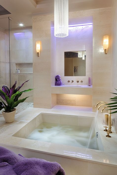 Transform your space with these modern bathroom ideas! This design features soft lighting, a lavish soaking tub, and chic decor for ultimate relaxation. Perfect for creating a spa-like retreat at home. #BathroomGoals #HomeDécor #InteriorDesign Aesthetic Bathroom Bathtub, Luxury Spa Aesthetic Bathroom, Luxury Bathtub Aesthetic, Big Bath Tub Aesthetic, Jacuzzi Tub Bathroom Aesthetic, Lavish Bathroom, Spa Vibes, Modern Bathroom Ideas, Luxurious Spa