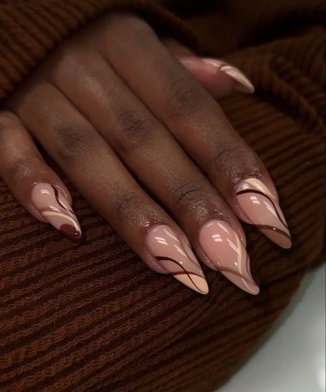 Fall Nail Colors for Dark Skin 2024: A Guide to Chic and Stunning Looks Brown Curved Nails, Almond Shape Nails Fall Colors, Nail Designs On Almond Shape, Brown Almond Nails French Tip, Demure Nail Designs, Dark Fall Nail Art, October Nails Ideas 2024, Mail Inspo Fall 2024, Fall Nail Black Women