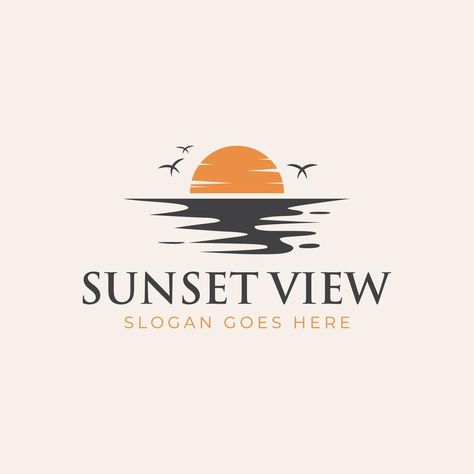 ocean surf vector element logo design for summer beach with sunset, vacation logo illustration Element Logo Design, Ocean Logo Design, Sunset Icon, Vacation Logo, Airbnb Logo, Beach Branding, Flying Hawk, Sunset Vacation, Sunset Logo