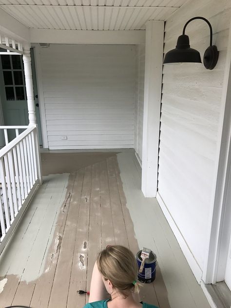 Kicking Up Our Curb Appeal with a Front Porch Makeover - Old Town Home Old Porch Makeover, Painted Porch Floor Wood, Porch Banister, Porch Floors, Concrete Paint Colors, Front Porch Stairs, Painted Porch Floors, Front Porch Remodel, Painted Porch