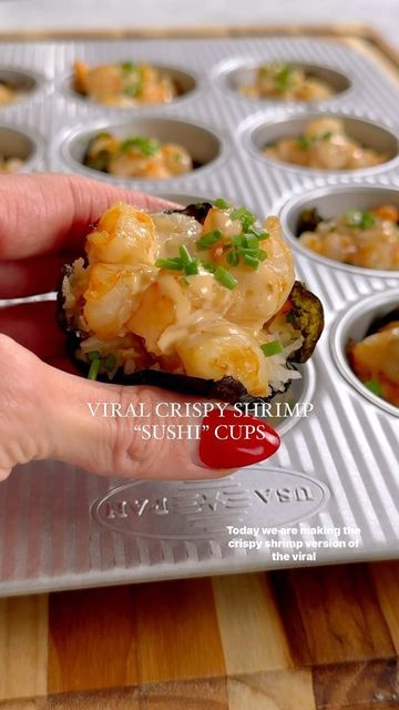 Salmon Shrimp Sushi Bake, Baked Shrimp Sushi Cups, Spicy Shrimp Crispy Rice Cups, Crispy Shrimp Sushi Cups, Sushi Cups Shrimp, Shrimp Seaweed Cups, Shrimp Sushi Bites, Rice Cups Baked, Shrimp Sushi Bake Cups