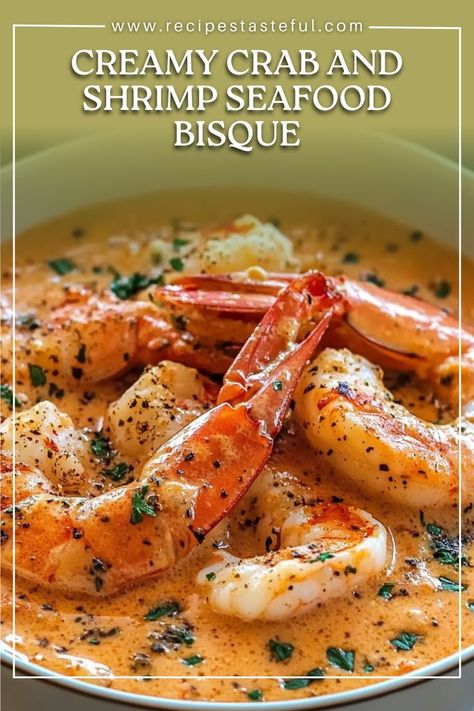 This Creamy Crab and Shrimp Seafood Bisque is a rich and flavorful soup featuring succulent shrimp and lump crab meat in a smooth, creamy broth. With the perfect blend of Old Bay seasoning, paprika, and a touch of white wine, this bisque is an indulgent dish that’s ideal for cozy dinners or as a special treat for seafood lovers. It’s easy to prepare, yet feels luxurious—making it perfect for impressing guests or enjoying a comforting meal at home. Crab And Shrimp Bisque Recipe, Crab And Shrimp Seafood Bisque, Shrimp Bisque Recipe, Seafood Bisque Recipe, Bisque Soup Recipes, Shrimp Bisque, Seafood Soup Recipes, Crab And Shrimp, Lump Crab Meat