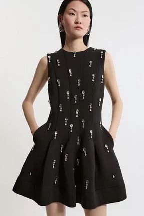 Homecoming Dresses 2024 | Karen Millen Scuba Fabric Dress, Petite Work Outfits, 2025 Design, Petite Wedding Guest Dresses, Tweed Fashion, Plus Size Workwear, Summer Bridesmaid Dresses, Beaded Embellishments, Sparkly Mini Dress