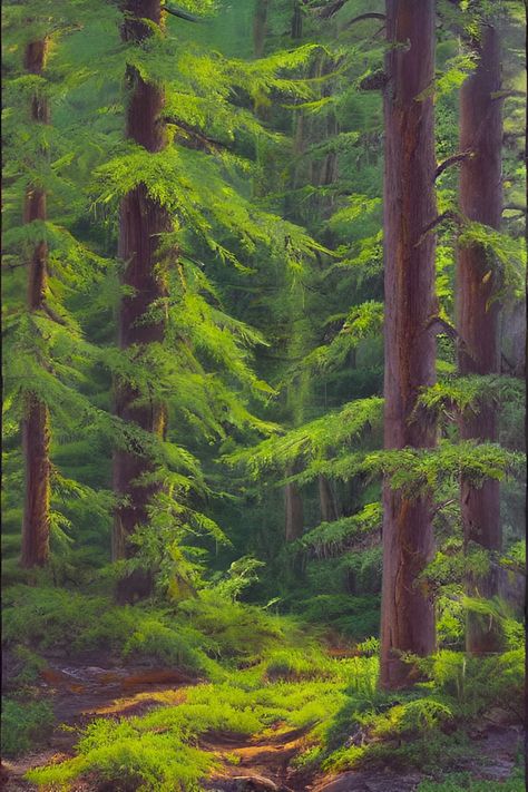 Forest Clearing Art, Redwood Tree Painting, Cedar Tree Drawing, Green Background Painting, Narnia Room, Green Forest Painting, Forest Ground, Woods Painting, Cedar Forest