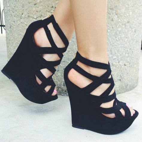 Black Open Toe Platform Wedges Hak Tinggi, Ankle Strap Sandals Flat, Shoes Elegant, Sandals Wedge, Prom Heels, Wedges Sandals, Ankle Strap Flats, Platform High Heels, Prom Shoes