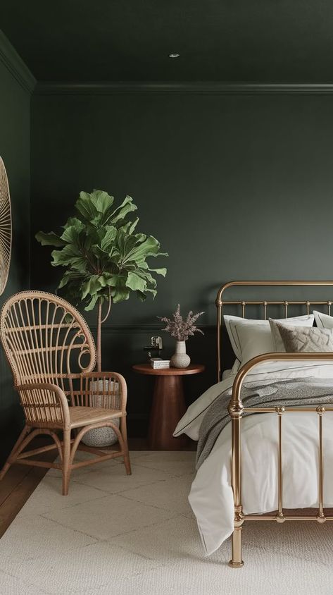 40+ Dark Boho Bedroom Ideas Your Heart Needs Dark Green Guest Bedroom, Dark Green Teen Bedroom, Black And Olive Green Bedroom, Moody Eclectic Bedroom, Dark Boho Bedroom Ideas, Moody Bedroom Aesthetic, Moody Boho Bedroom, Moody Bedrooms, Dark Bedroom Ideas