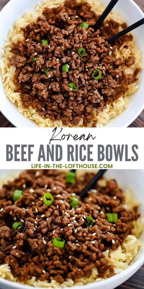 Korean Beef and Rice Bowls - Life In The Lofthouse Chili Cheeseburgers, Beef And Rice Bowl, Korean Beef And Rice, French Dip Crescents, Mexican Street Tacos, Enchilada Lasagna, Korean Beef Recipes, Ground Beef Recipes Mexican, Beef Enchilada