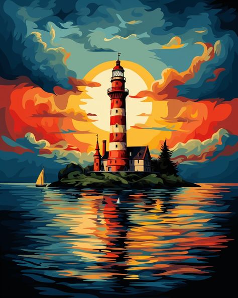 Lighthouse on Island at sunset. Colorful sky and clouds #lighthouse #sunset #sky #island #water Lighthouse Sunset Painting, Paint Reference, Lighthouse Sunset, Sky Island, Island Water, Colorful Sky, Lighthouse Painting, Dark Art Illustrations, Sunset Painting