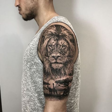 Lion tattoos are one of the most popular tattoos for men’s, being a symbol of strength, power, authority, courage and confidence, for thousands of years. “The King of the Jungle” it’s one of the most recognizable images in the world and has been used in tattoos for a wide variety of reasons. Upper Shoulder Tattoo, Lion Arm Tattoo, Lion Shoulder Tattoo, Lion Forearm Tattoos, Animal Tattoos For Men, Animal Sleeve Tattoo, Lion Tattoo Sleeves, Mens Lion Tattoo, Lion Head Tattoos